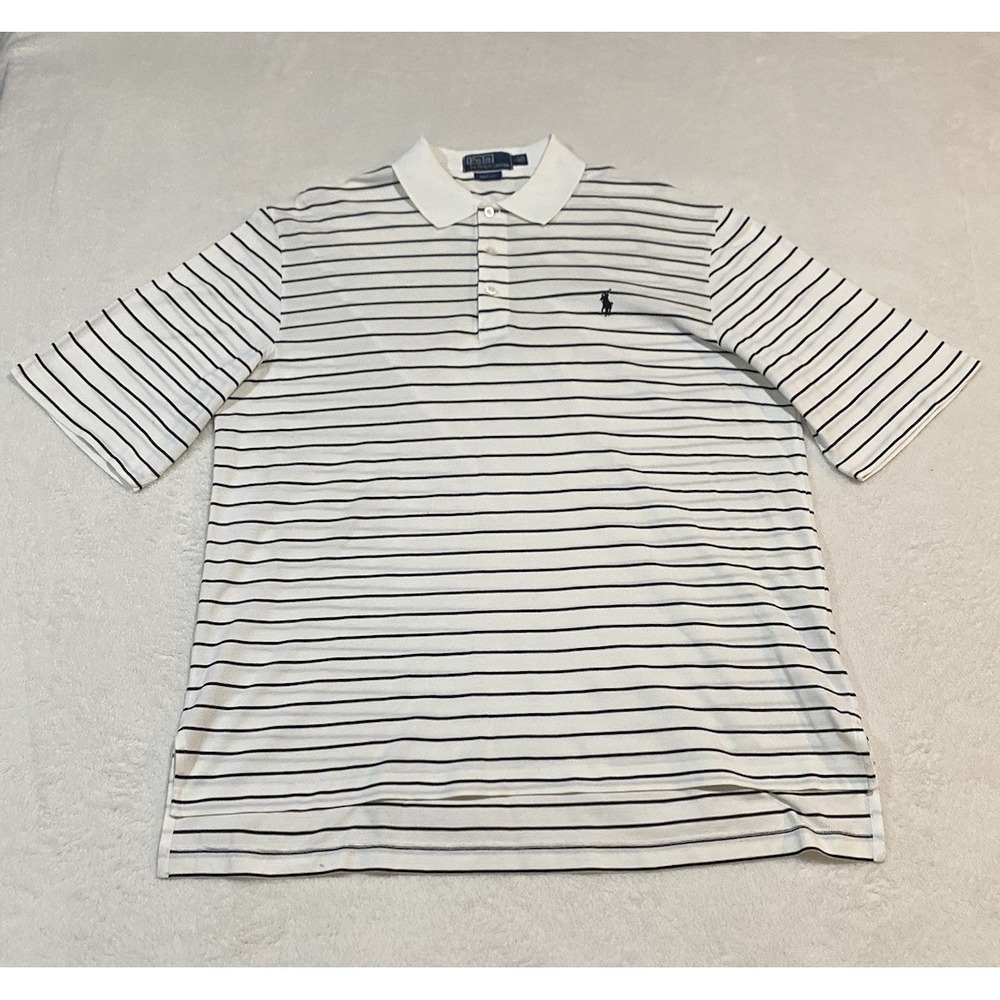 Polo Ralph Lauren Shirt Large Mens Golf Fit White W/Black Stripes Pony